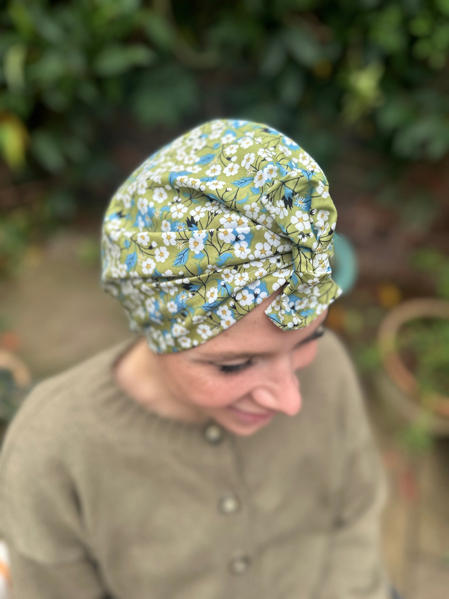 Ladies Turban Hat - Liberty of London Classic Green Mitsi floral print