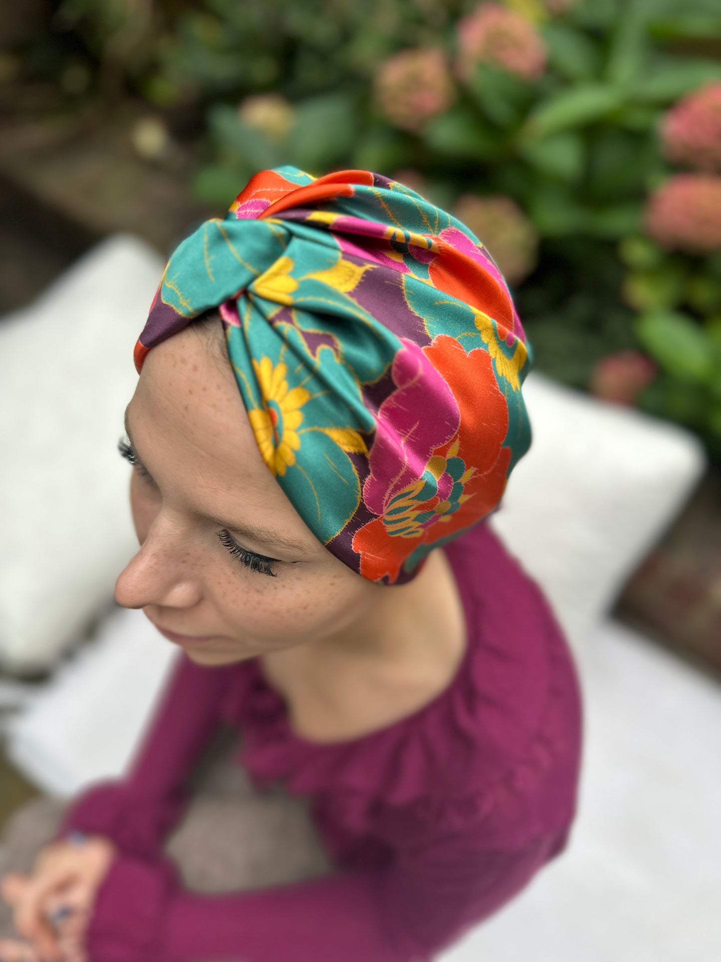 Little Susan Twisted Silk Turban & Head wrap - Liberty of London Bright large floral print in Belgravia Silk Satin