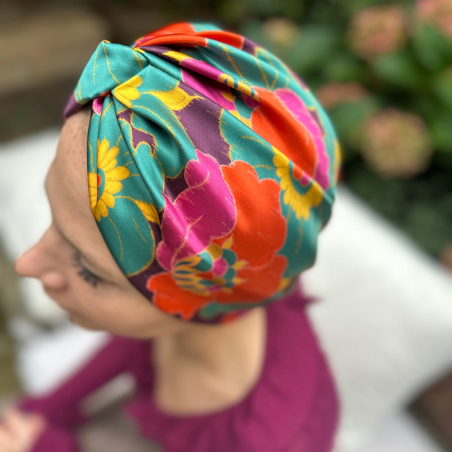 Little Susan Twisted Silk Turban & Head wrap - Liberty of London Bright large floral print in Belgravia Silk Satin