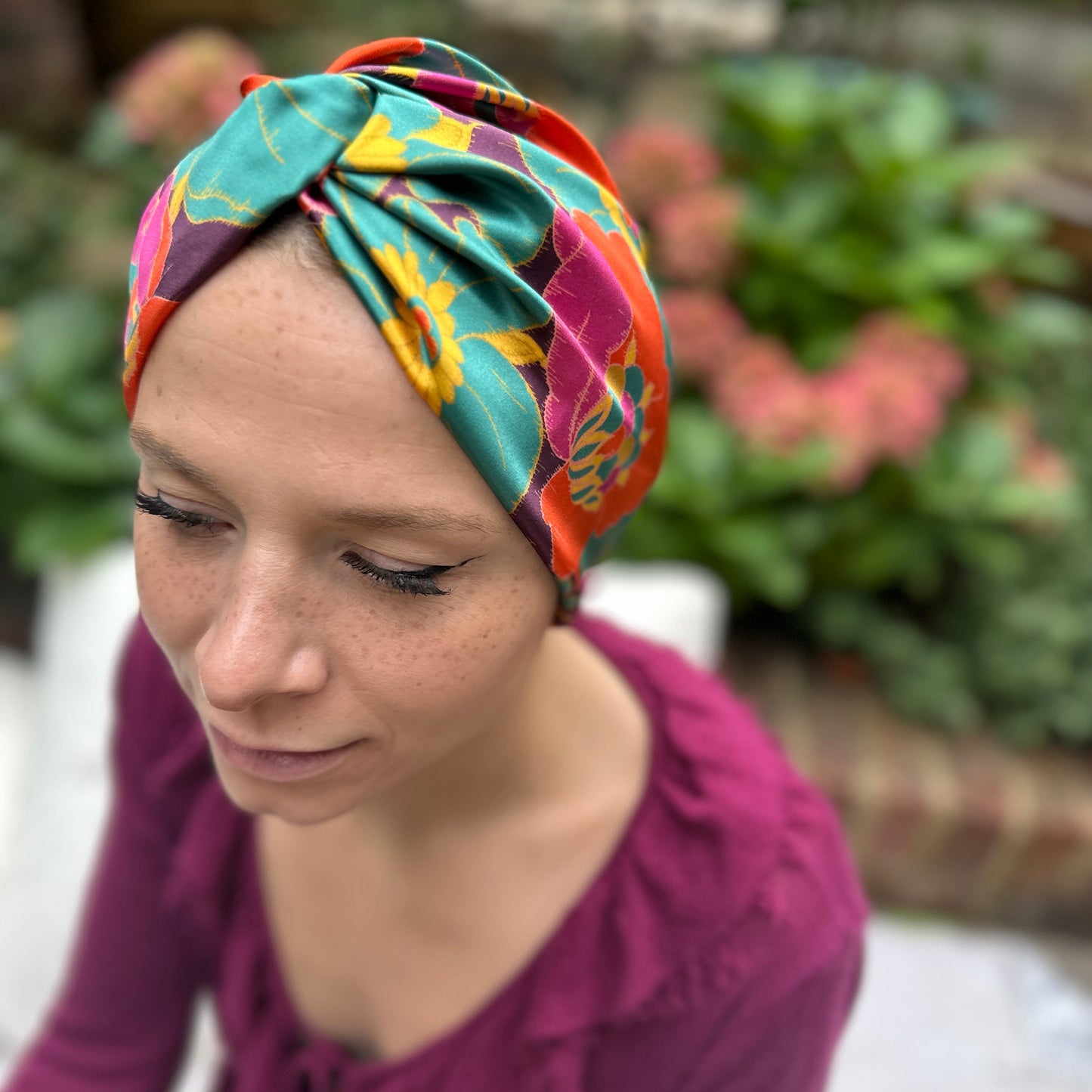 Little Susan Twisted Silk Turban & Head wrap - Liberty of London Bright large floral print in Belgravia Silk Satin