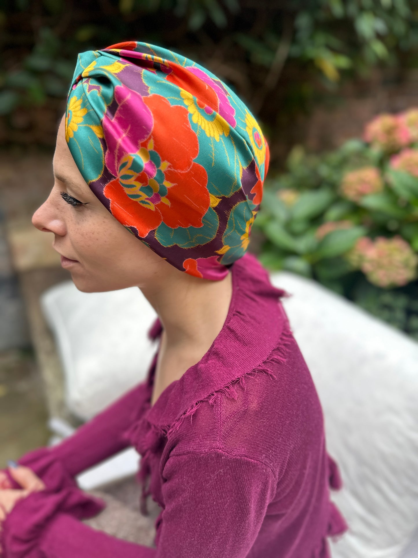 Little Susan Twisted Silk Turban & Head wrap - Liberty of London Bright large floral print in Belgravia Silk Satin