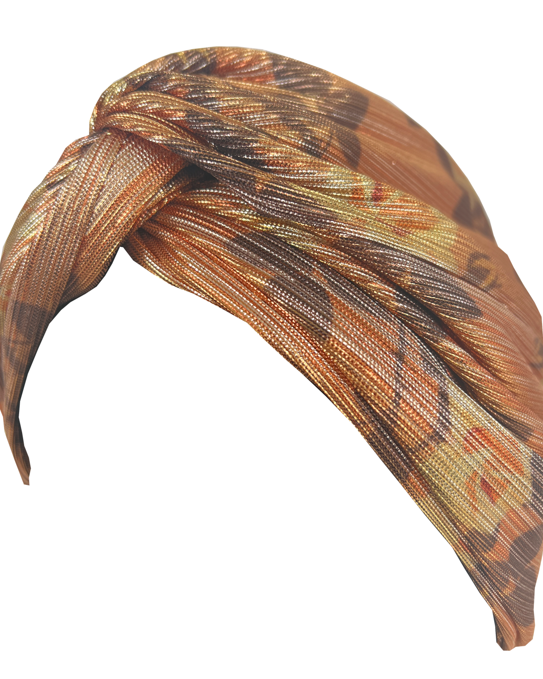 Little Susan Twisted Silk Turban & Head wrap - Lou Taylor Botanical orange and pink roses in gold lamé