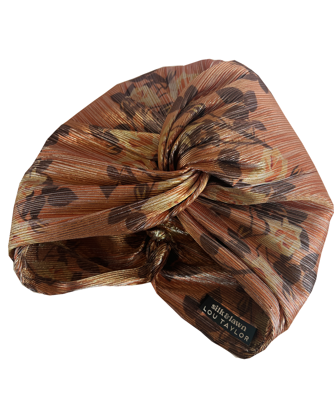 Little Susan Twisted Silk Turban & Head wrap - Lou Taylor Botanical orange and pink roses in gold lamé