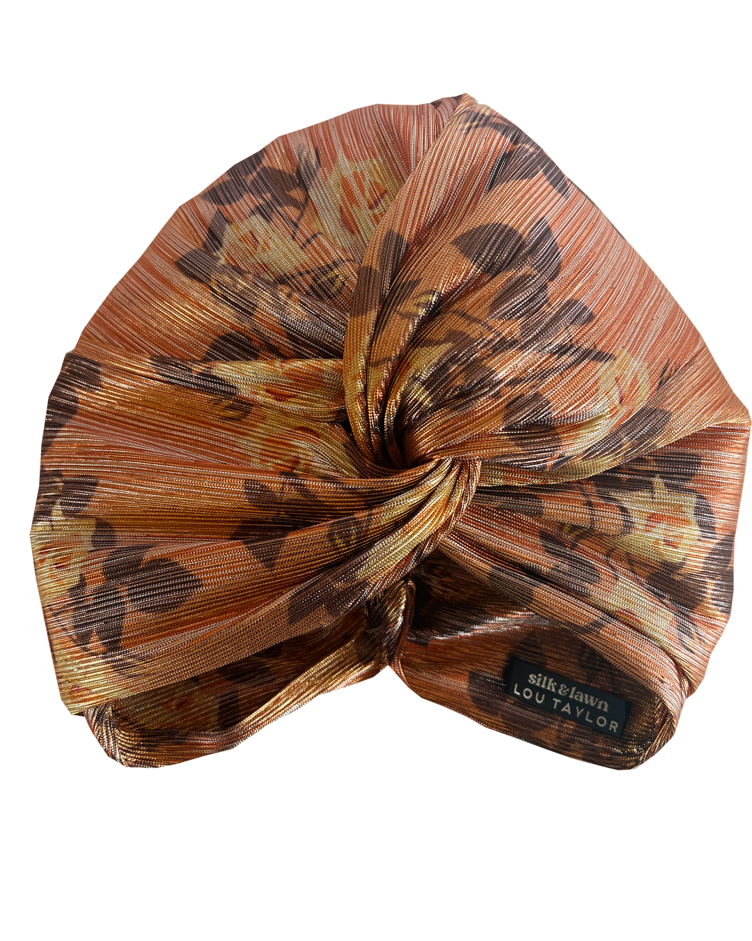 Little Susan Twisted Silk Turban & Head wrap - Lou Taylor Botanical orange and pink roses in gold lamé