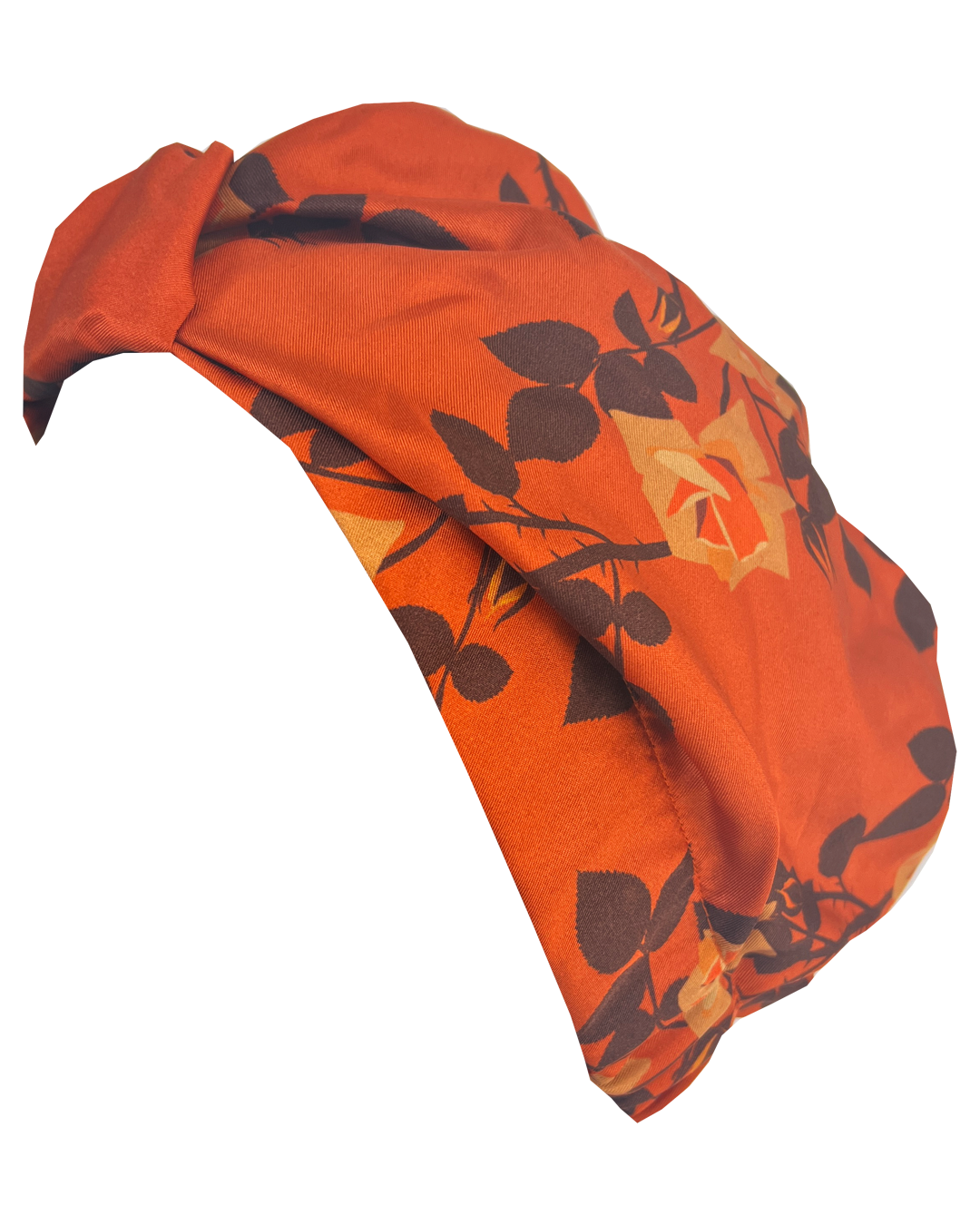 Little Susan Twisted Silk Turban & Head wrap - Lou Taylor Botanical orange and pink roses silk twill