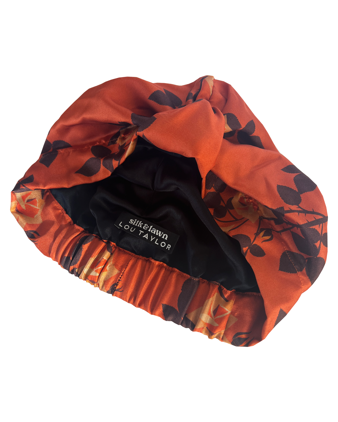 Little Susan Twisted Silk Turban & Head wrap - Lou Taylor Botanical orange and pink roses silk twill