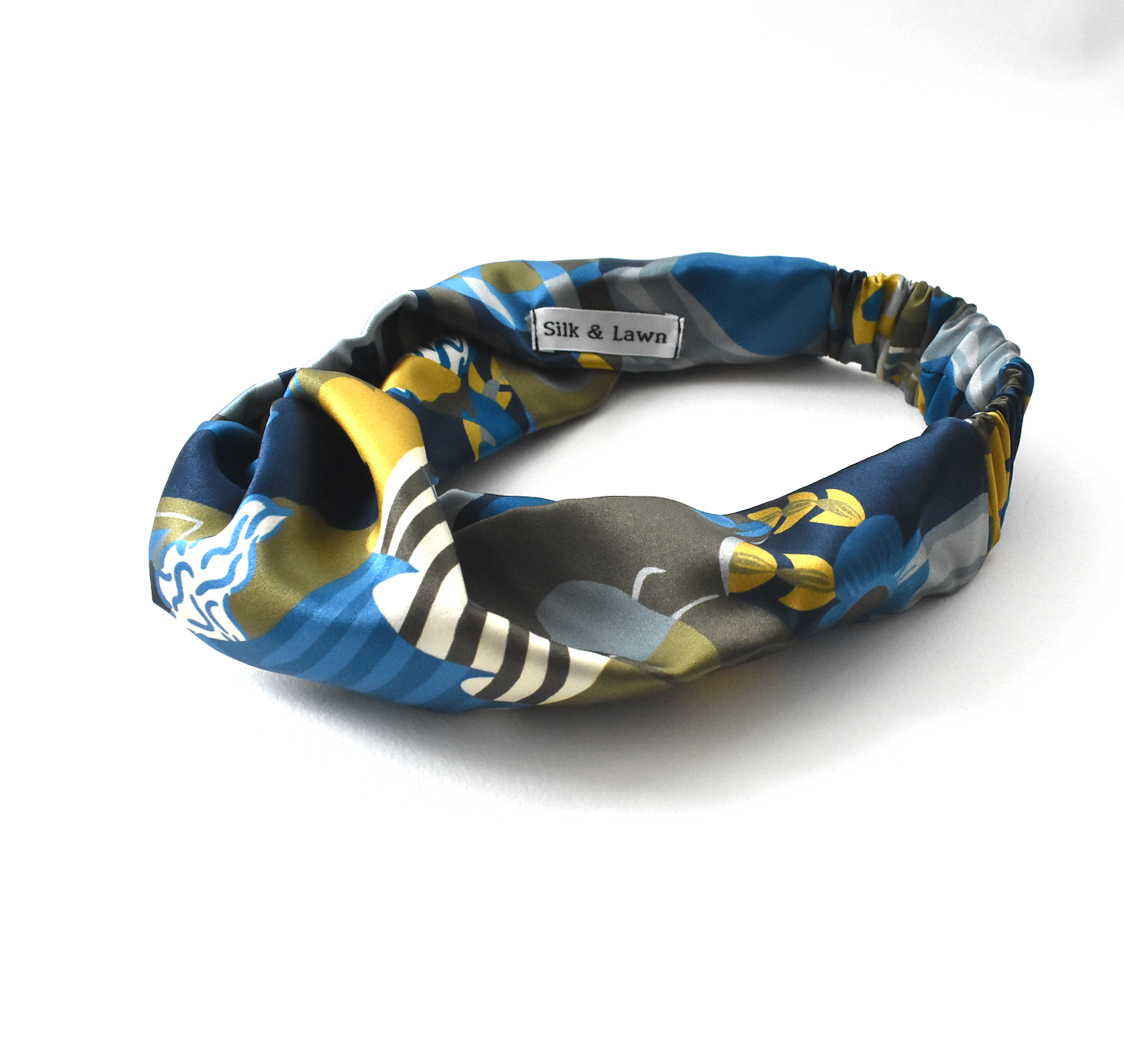 Silk Twisted Turban hairband in Liberty of London Curation in Blue and Gold print - 100% Silk-Satin