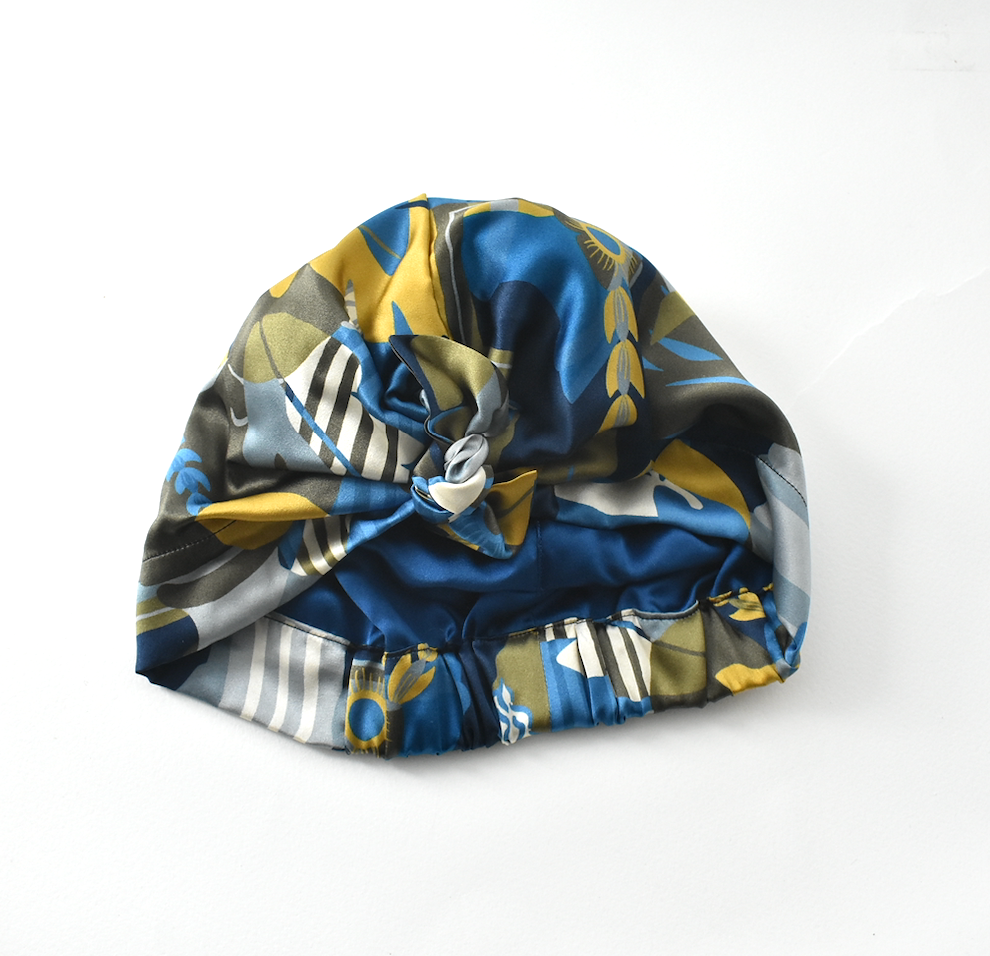 Luxury Silk Crepe Turban & Head wrap - Liberty of London Curation in Gold and Blue silk crepe