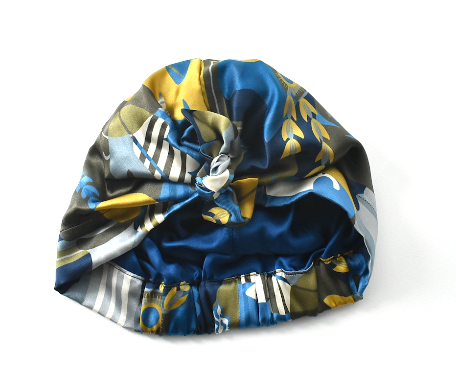 Luxury Silk Turban & Head wrap - Liberty of London Curation in Gold and Blue Silk Satin