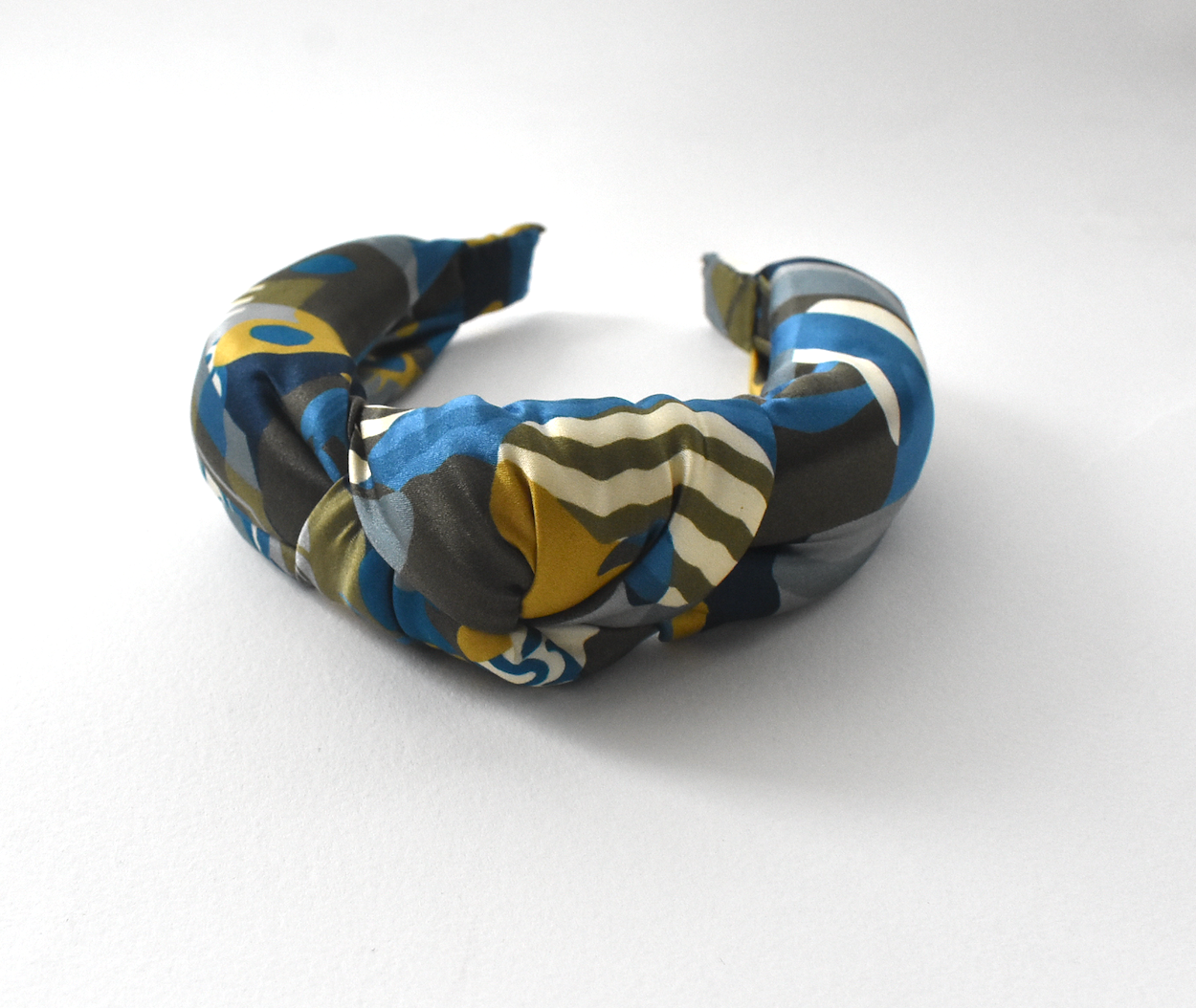 Luxury Silk Knot Alice band - Liberty of London Curation in Gold and Blue Silk Satin