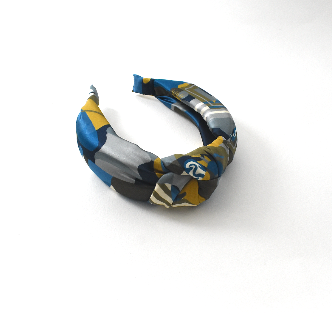 Luxury Silk Knot Alice band - Liberty of London Curation in Gold and Blue Silk Satin
