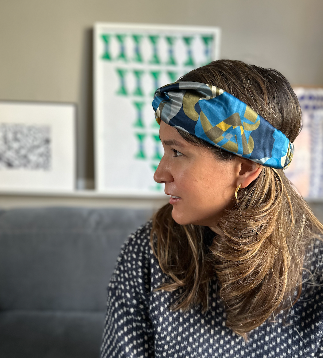 Silk Twisted Turban hairband in Liberty of London Curation in Blue and Gold print - 100% Silk-Satin