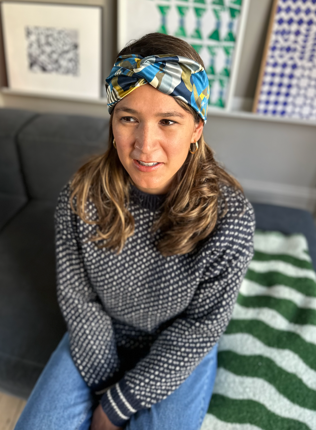 Silk Twisted Turban hairband in Liberty of London Curation in Blue and Gold print - 100% Silk-Satin