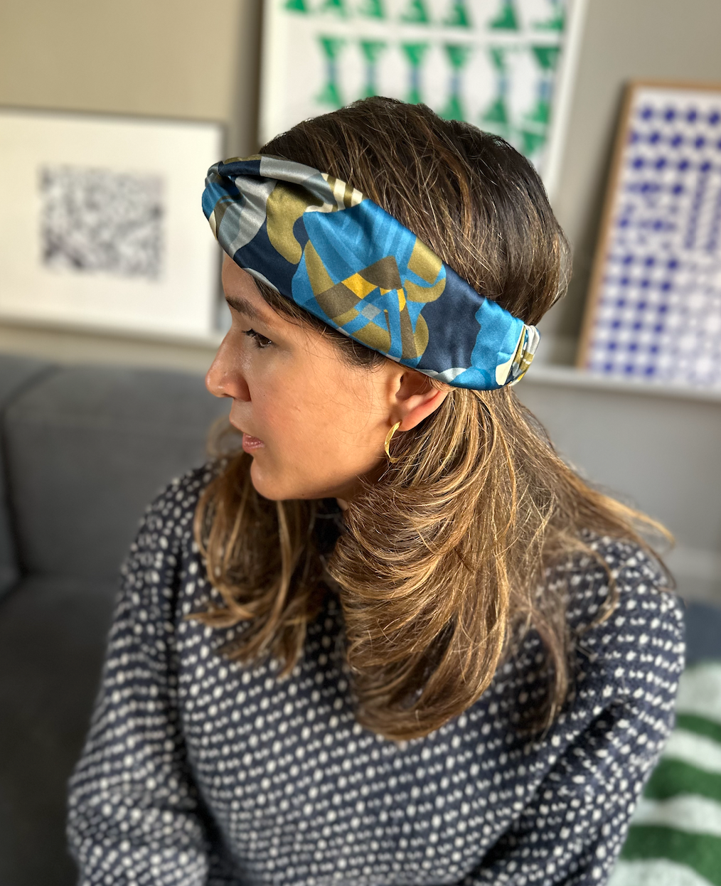 Silk Twisted Turban hairband in Liberty of London Curation in Blue and Gold print - 100% Silk-Satin