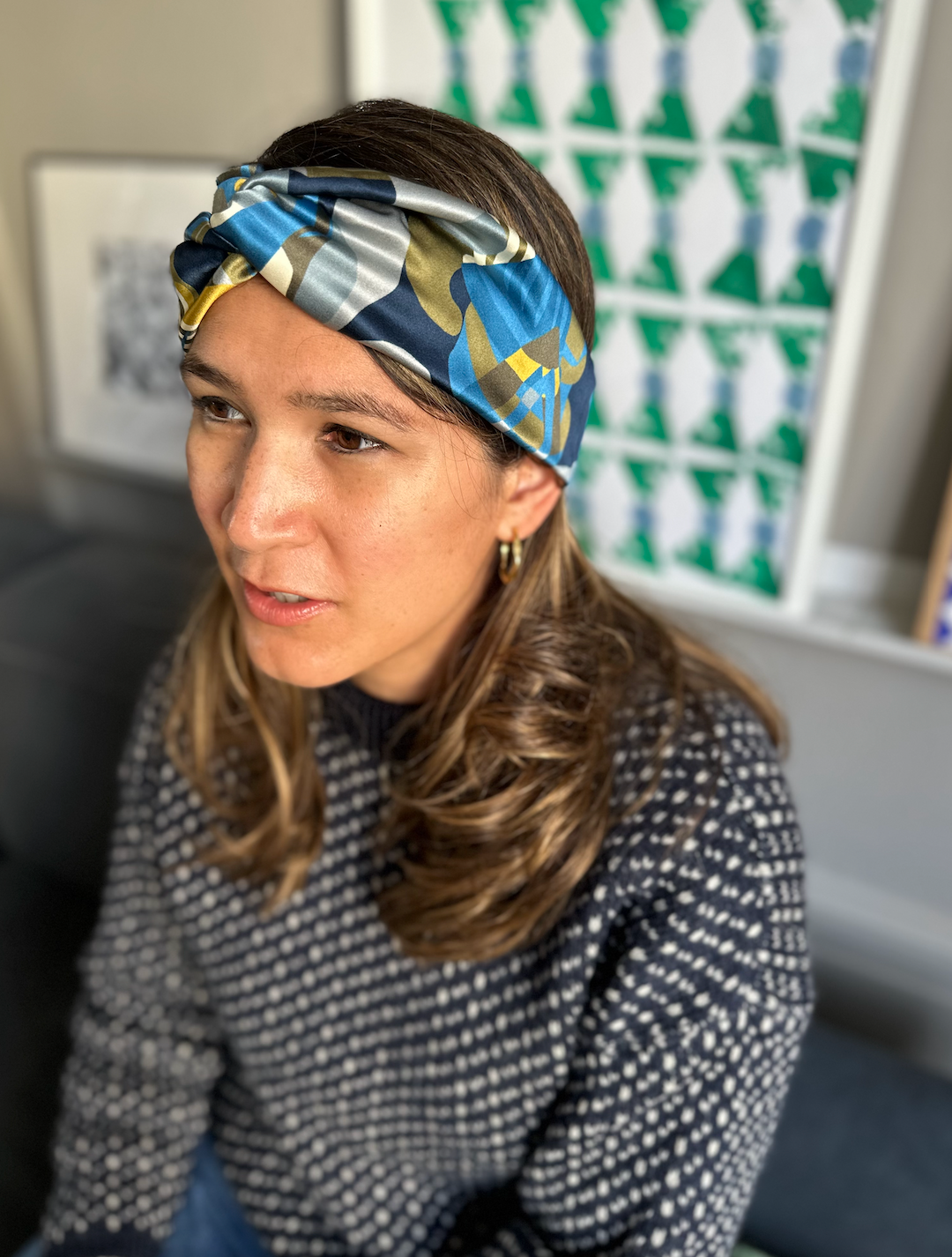 Silk Twisted Turban hairband in Liberty of London Curation in Blue and Gold print - 100% Silk-Satin