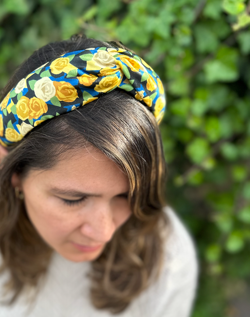 Silk Twisted Alice band - Liberty of London Stone Garden Yellow Rose 100% Silk Satin
