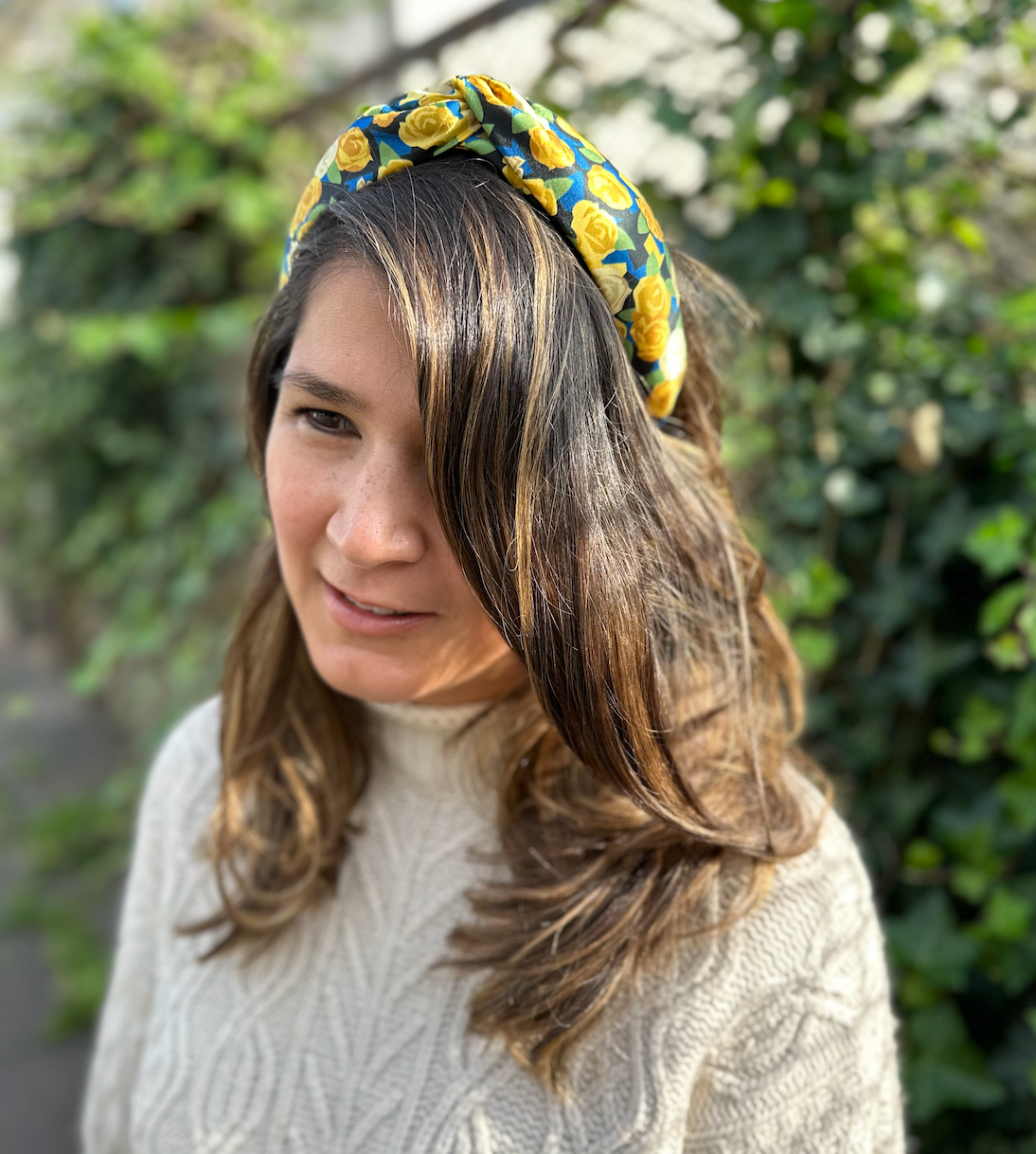 Silk Twisted Alice band - Liberty of London Stone Garden Yellow Rose 100% Silk Satin