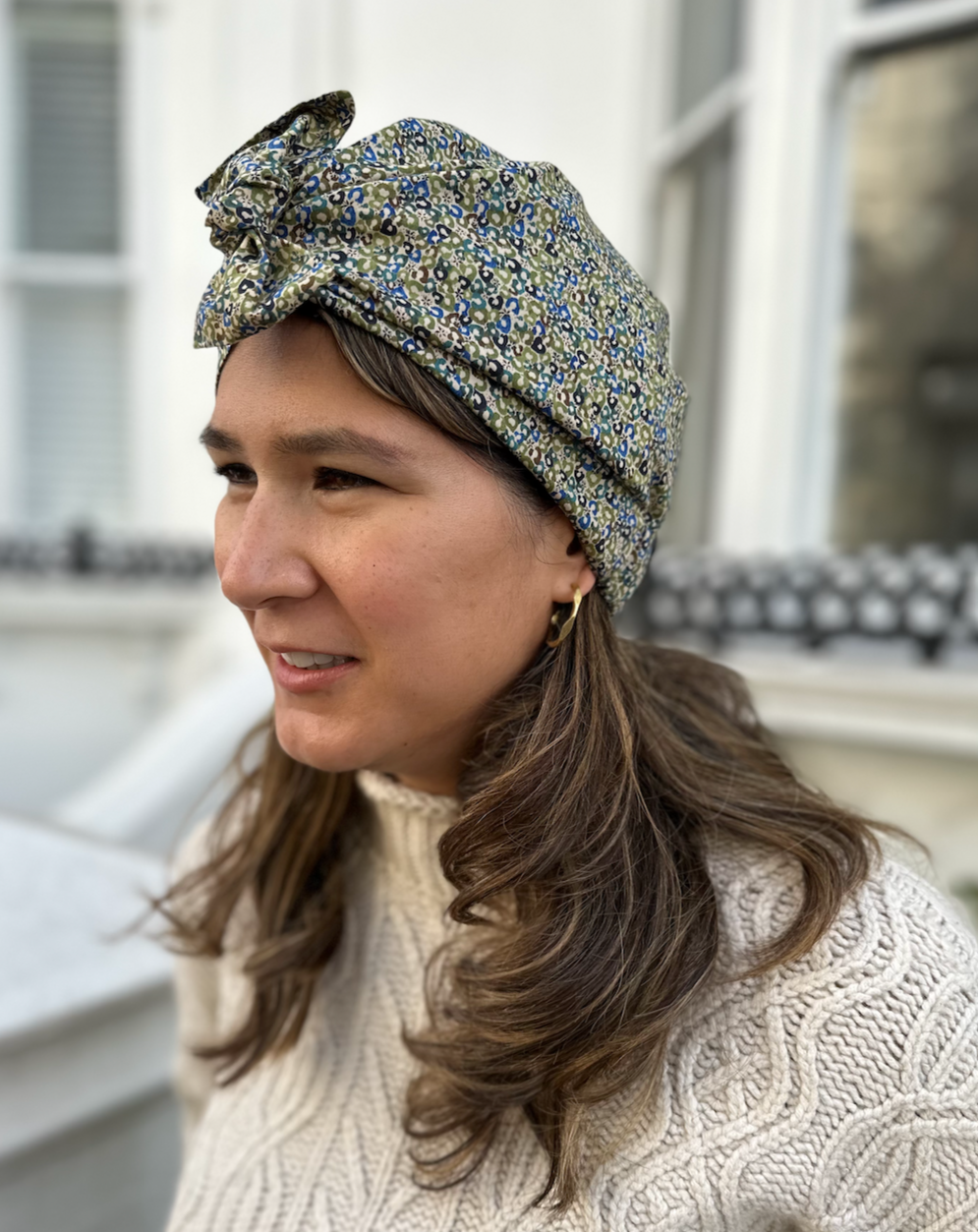 Ladies Turban Hat - Liberty of London Green Sweet Cherries print