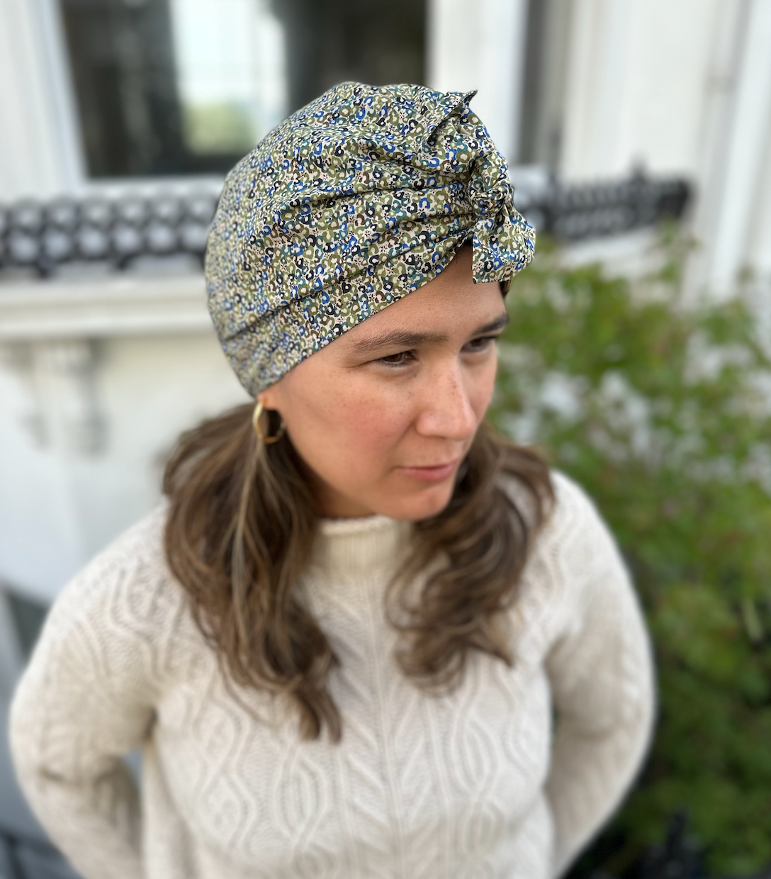 Ladies Turban Hat - Liberty of London Green Sweet Cherries print