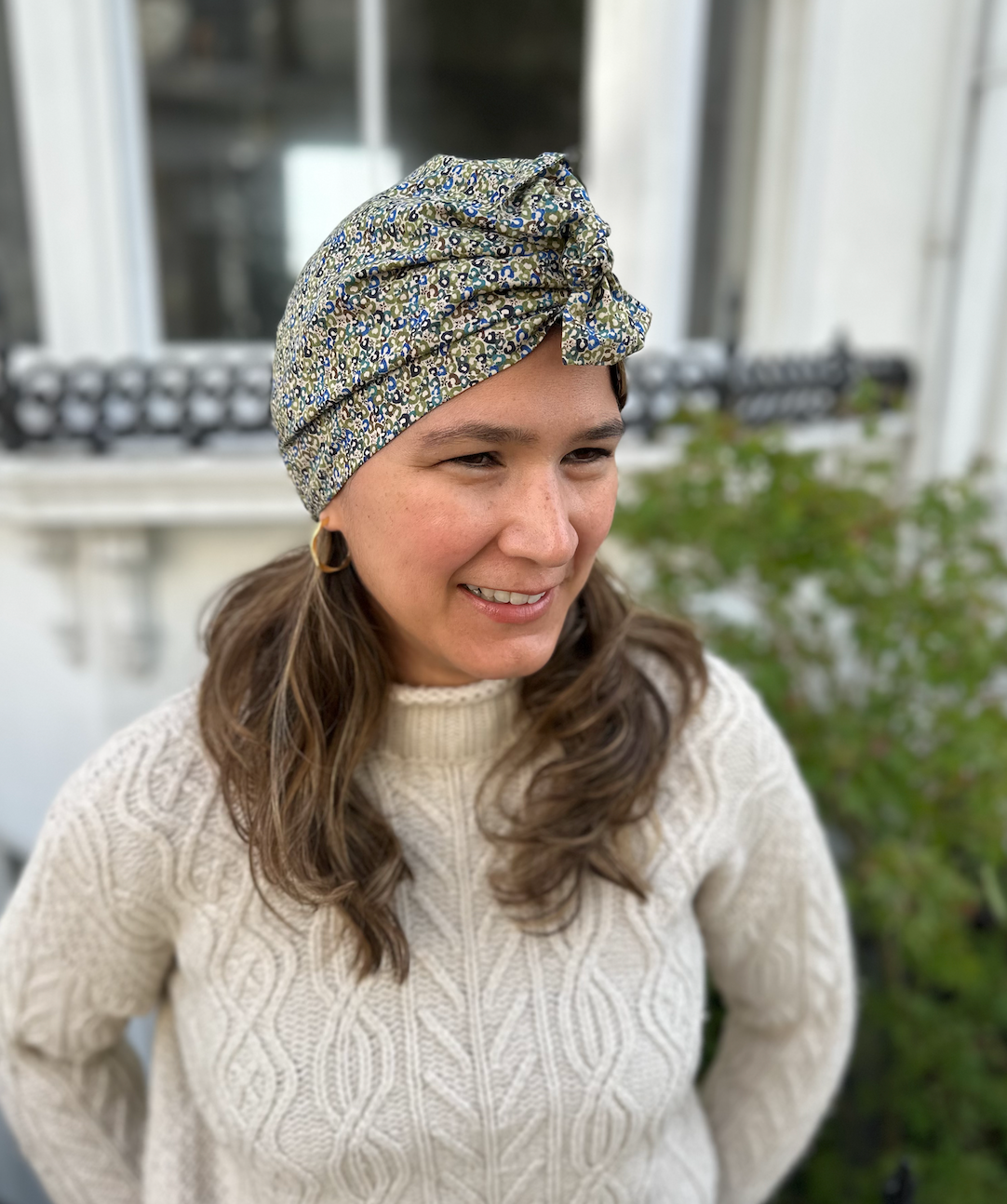 Ladies Turban Hat - Liberty of London Green Sweet Cherries print