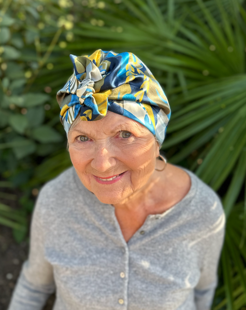 Luxury Silk Crepe Turban & Head wrap - Liberty of London Curation in Gold and Blue silk crepe