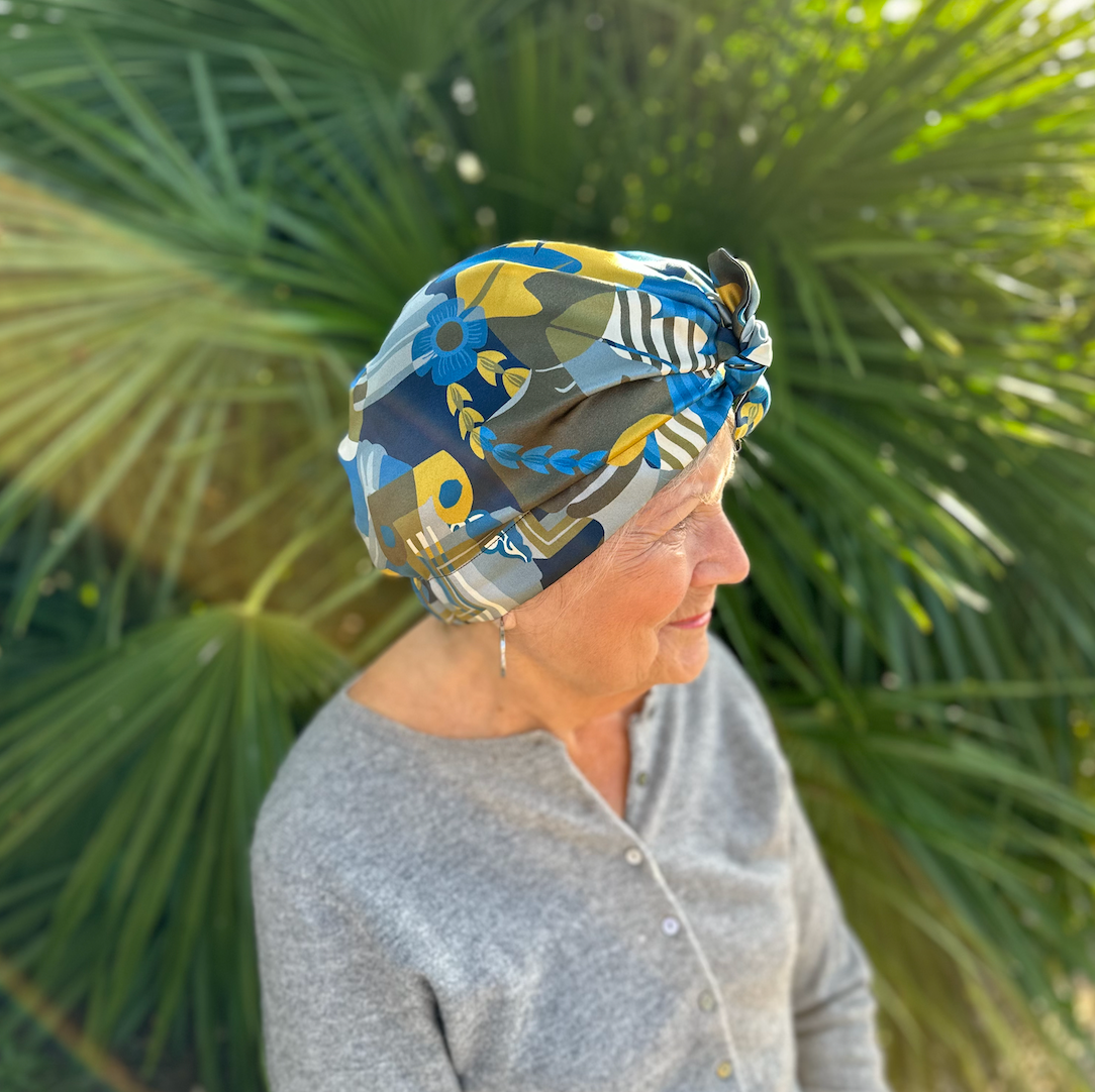 Luxury Silk Crepe Turban & Head wrap - Liberty of London Curation in Gold and Blue silk crepe