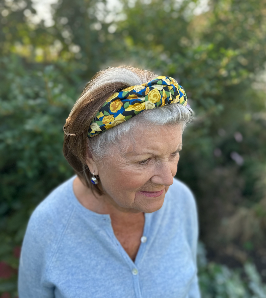 Luxury Silk Knot Alice band - Liberty of London Stone Garden - Yellow Rose 100% Silk Satin