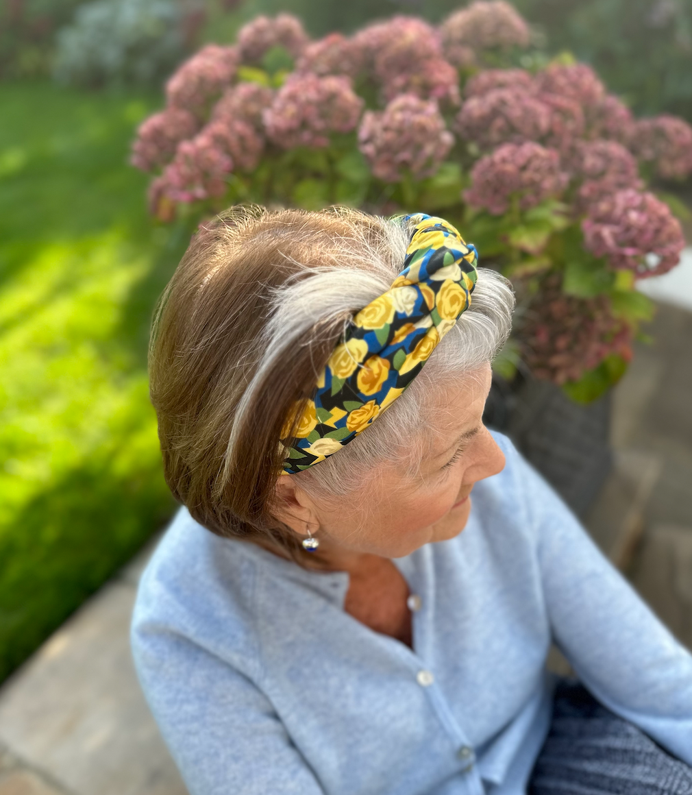 Luxury Silk Knot Alice band - Liberty of London Stone Garden - Yellow Rose 100% Silk Satin