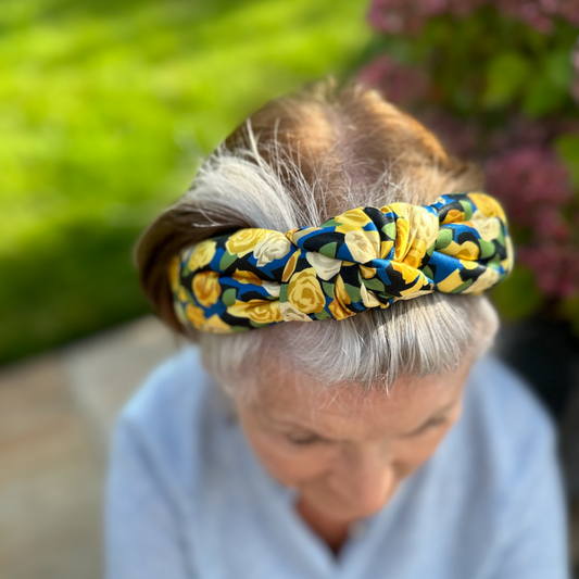 Luxury Silk Knot Alice band - Liberty of London Stone Garden - Yellow Rose 100% Silk Satin