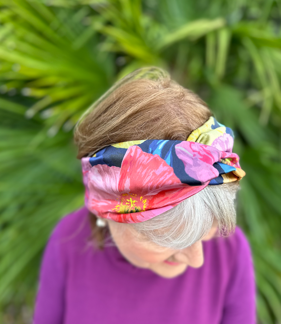 Silk Twisted Turban hairband and neck scarf in Liberty of London Poppy Fantastic Big Floral Graphic in Silk