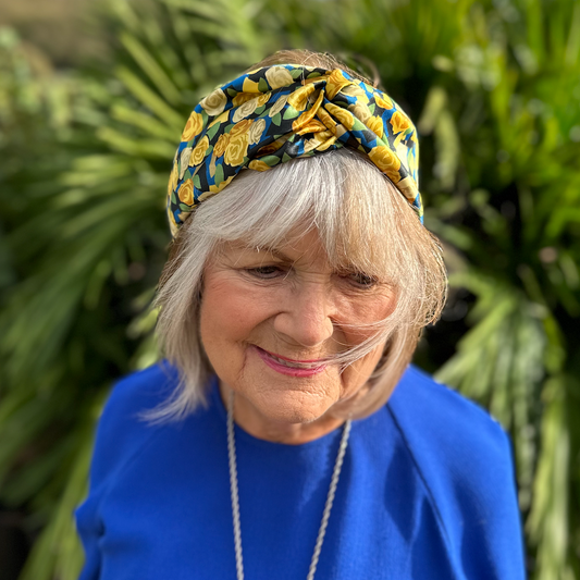 Silk Twisted Turban hairband  in Liberty of London Stone Garden Yellow Roses - 100% Silk-Satin