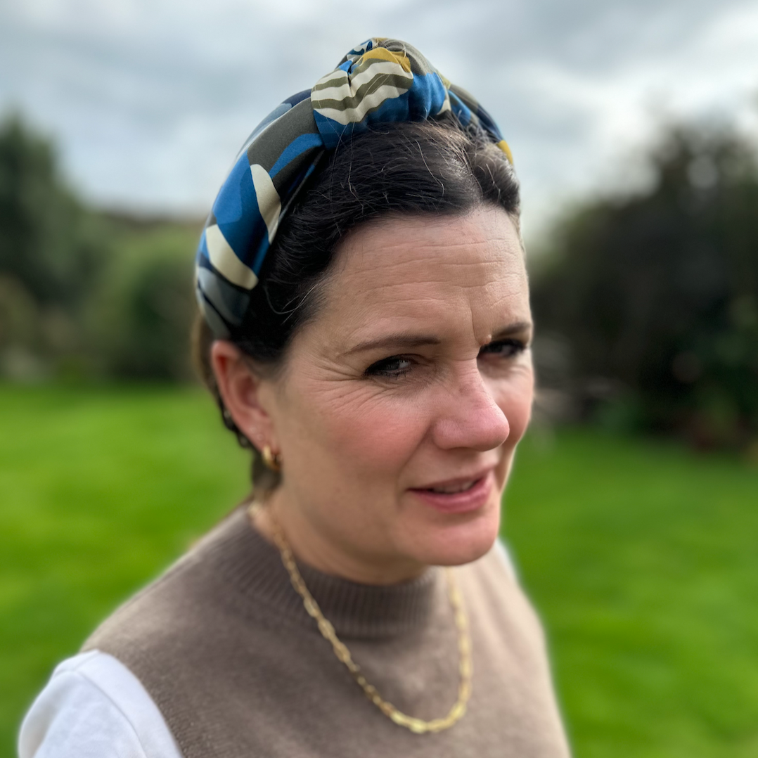 Luxury Silk Crepe Knot Alice band - Liberty of London Curation in Gold and Blue silk crepe