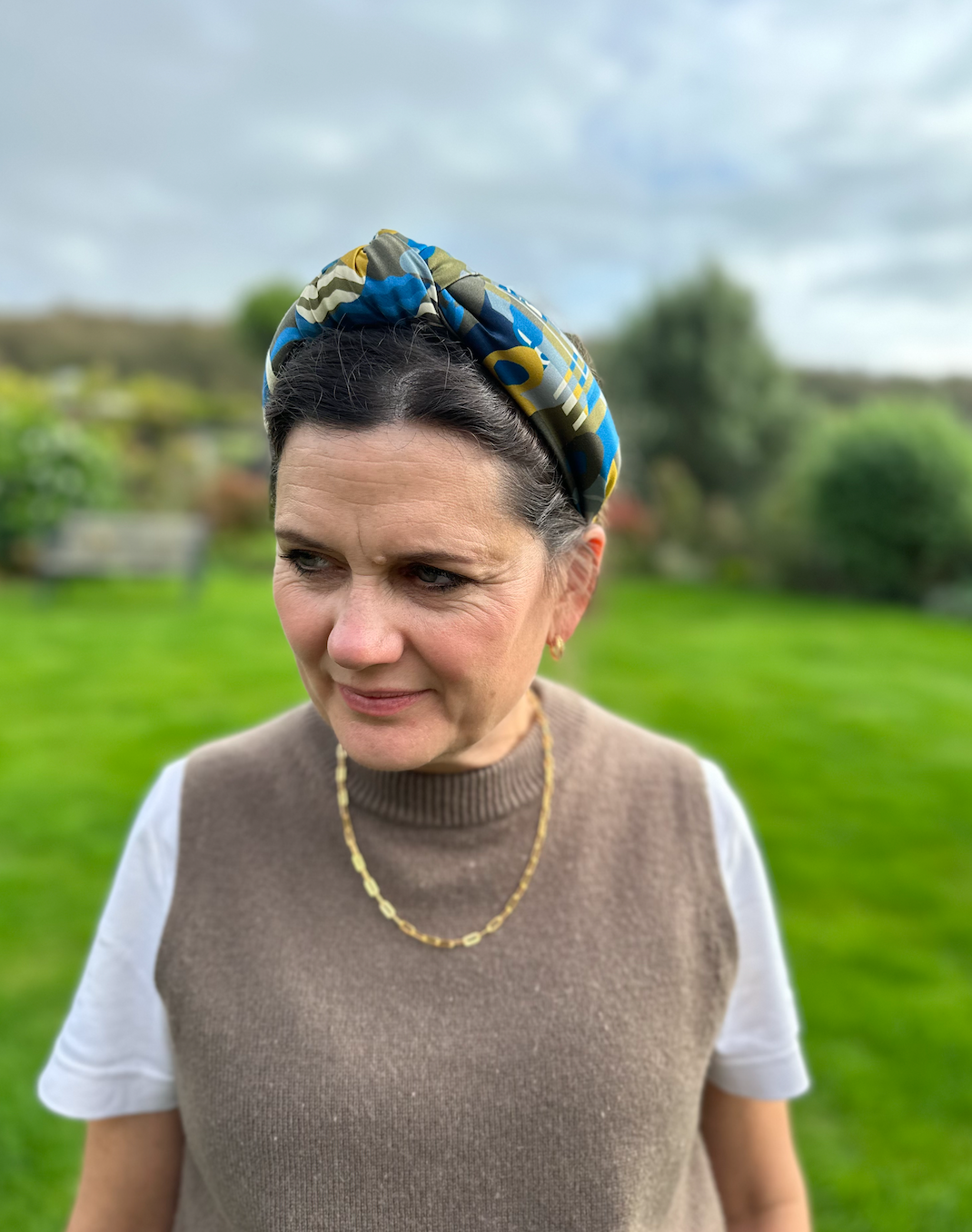 Luxury Silk Knot Alice band - Liberty of London Curation in Gold and Blue Silk Satin