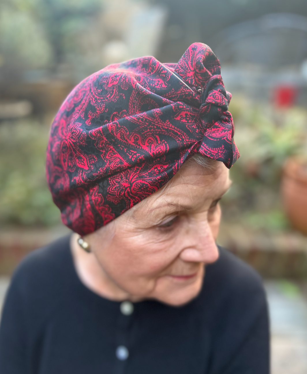 Luxury Silk Turban & Head wrap - Vintage Liberty of London Black and Red Paisley Silk