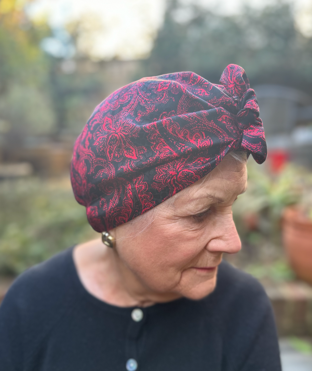 Luxury Silk Turban & Head wrap - Vintage Liberty of London Black and Red Paisley Silk