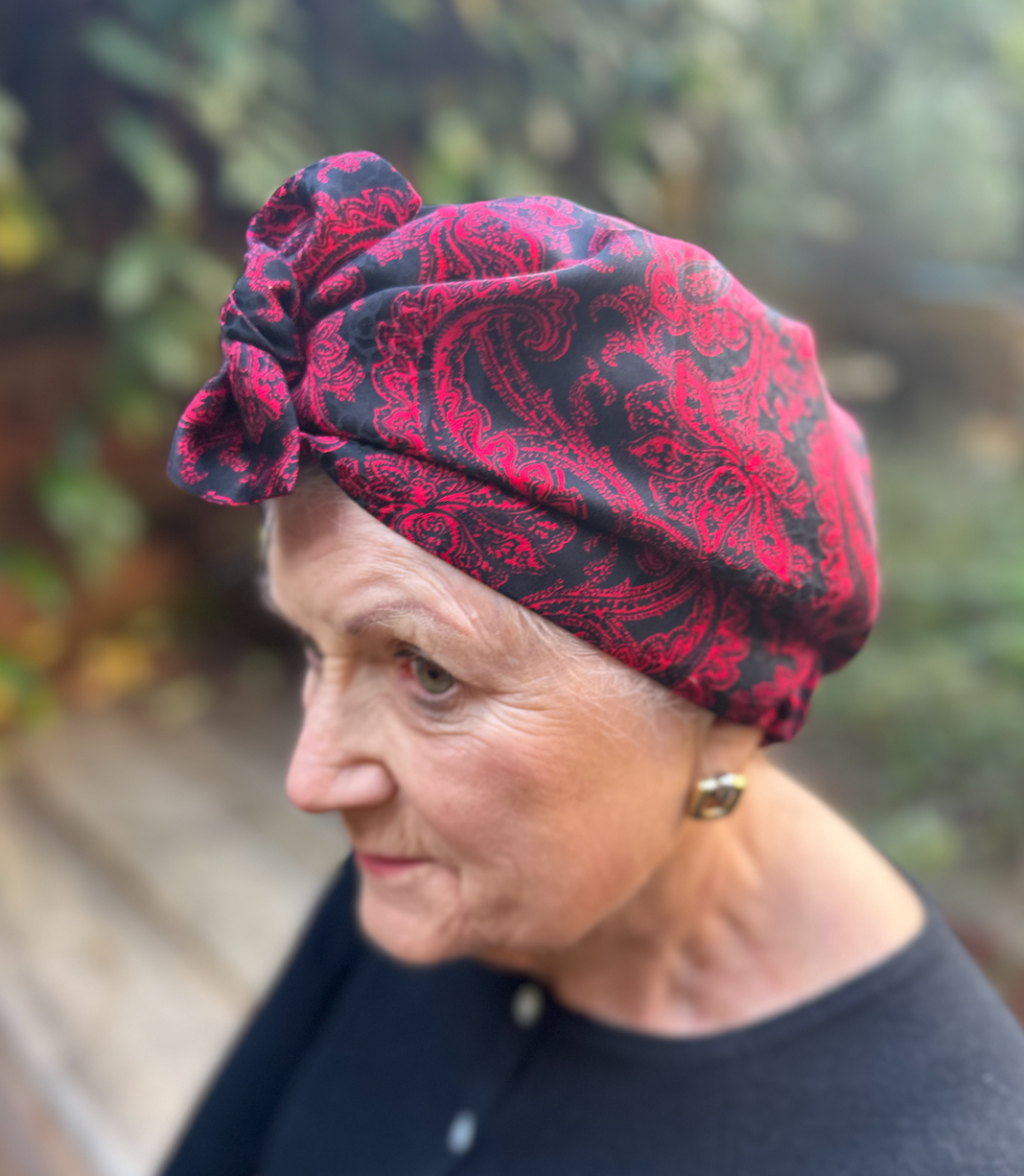 Luxury Silk Turban & Head wrap - Vintage Liberty of London Black and Red Paisley Silk