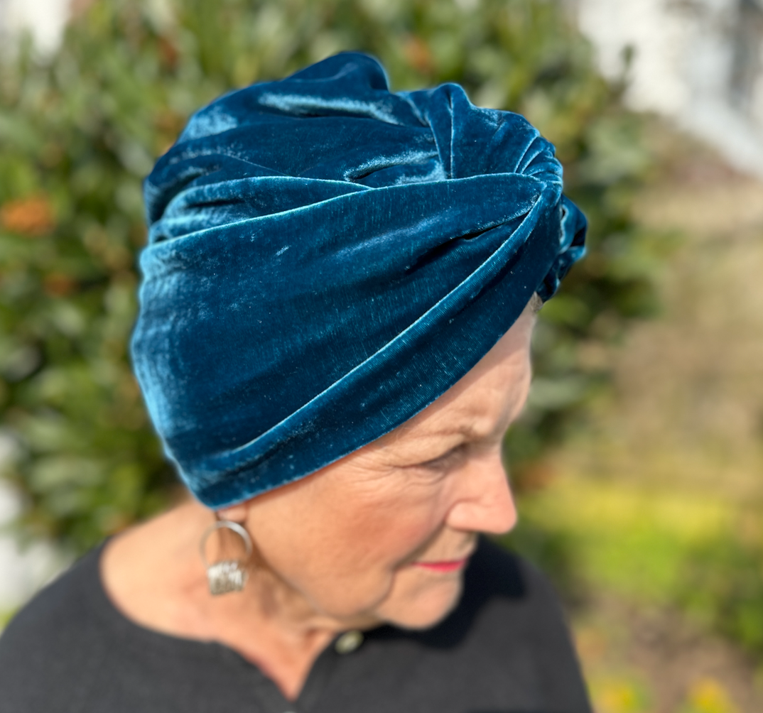 Luxury silk-velvet Twisted Turban & Head wrap - Teal Blue