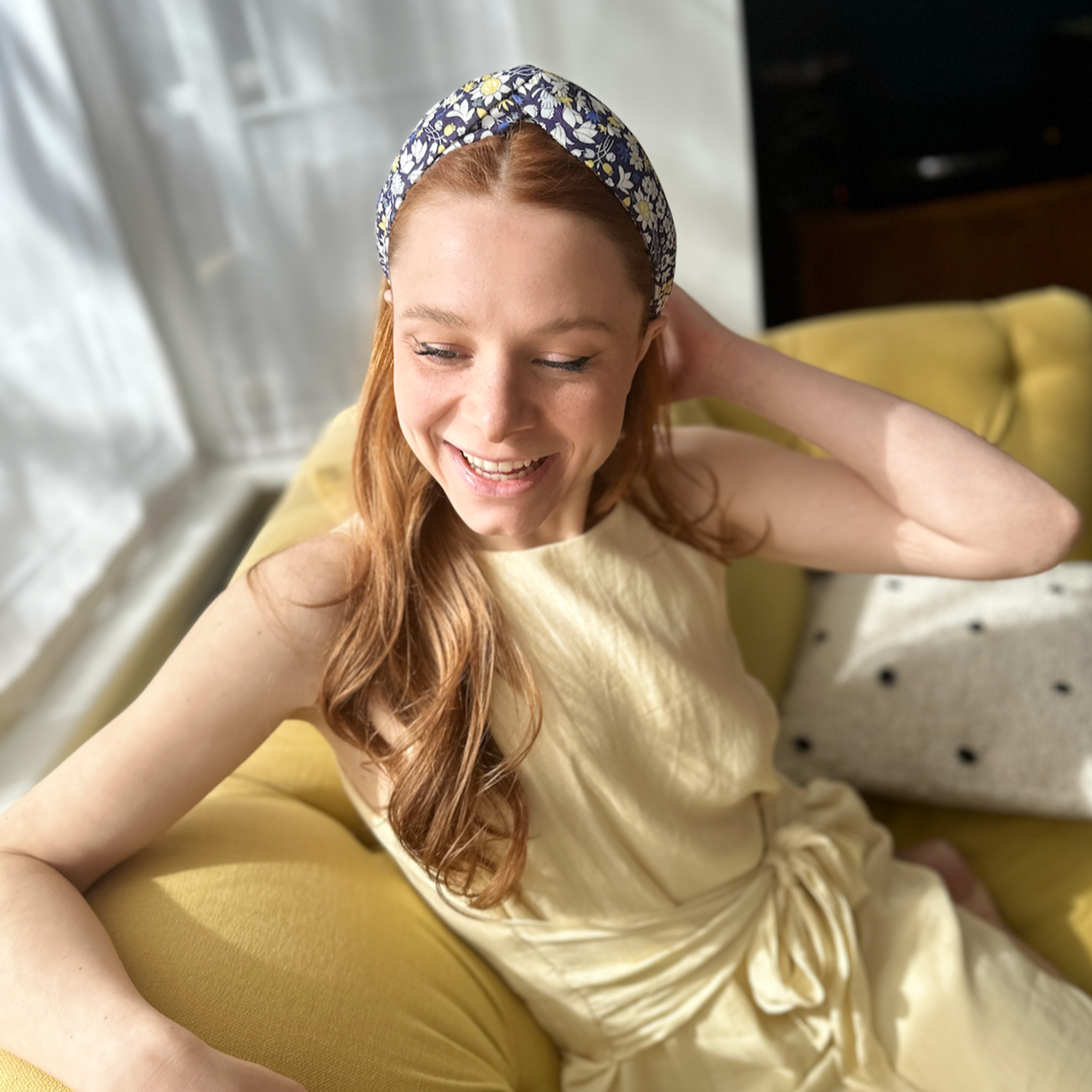 Twisted Alice Headband - Liberty of London Yellow and Navy Blue Floral print