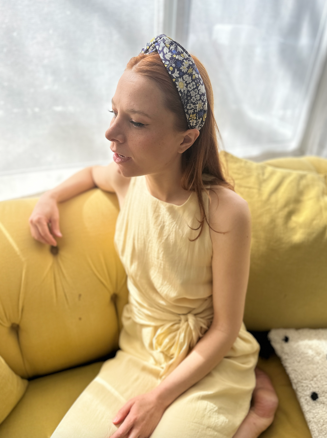 Twisted Alice Headband - Liberty of London Yellow and Navy Blue Floral print