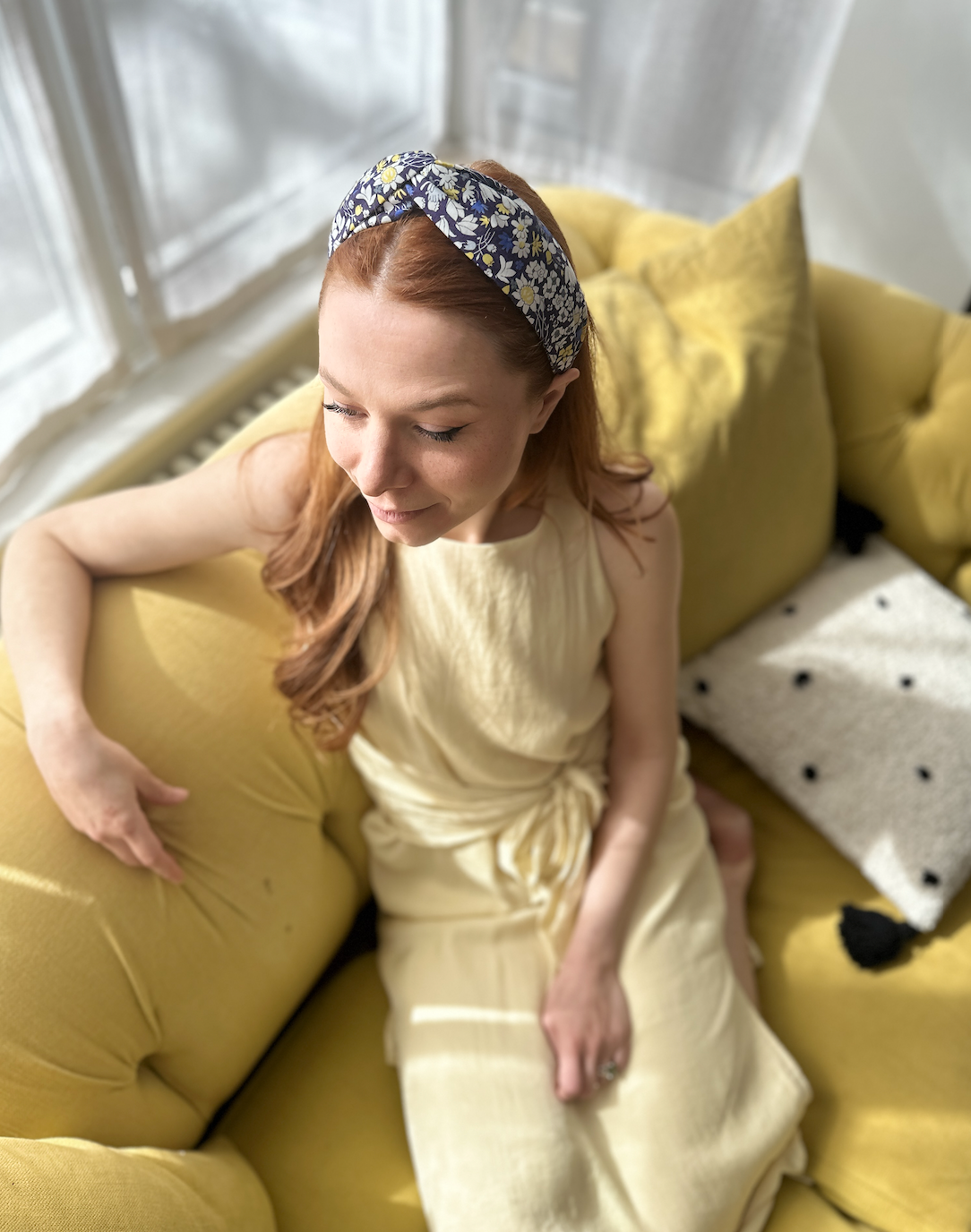 Twisted Alice Headband - Liberty of London Yellow and Navy Blue Floral print