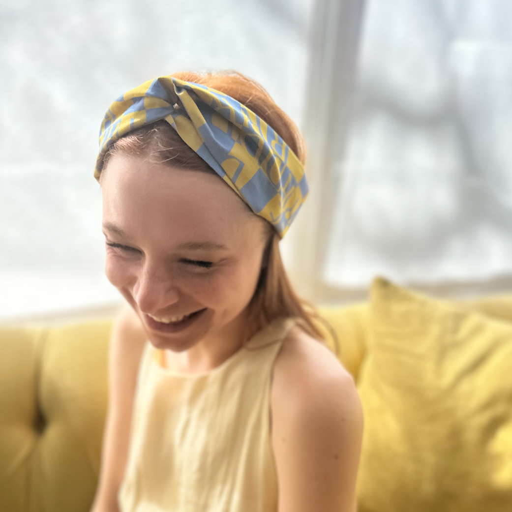 Twisted Turban Headband - Yellow Liberty Letters print