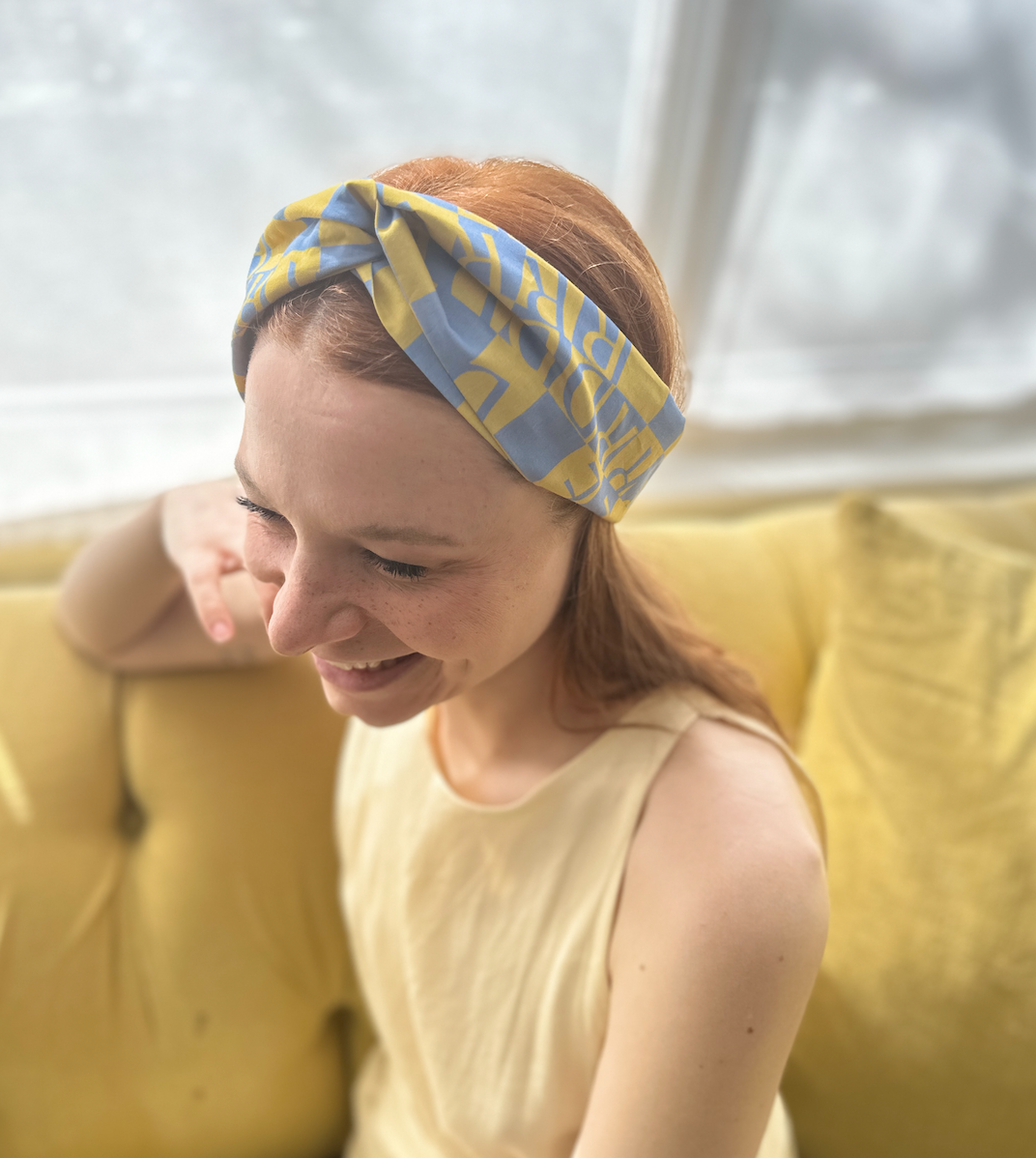 Twisted Turban Headband - Yellow Liberty Letters print
