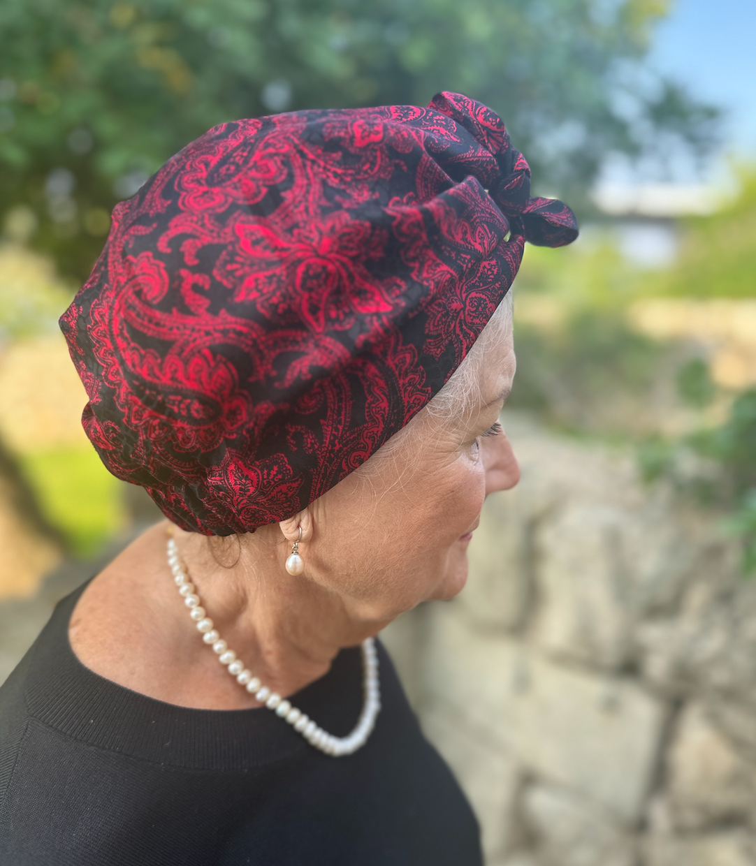 Luxury Silk Turban & Head wrap - Vintage Liberty of London Black and Red Paisley Silk