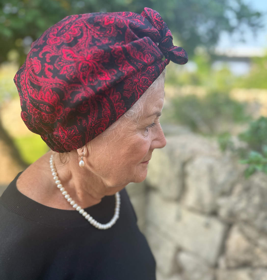 Luxury Silk Turban & Head wrap - Vintage Liberty of London Black and Red Paisley Silk