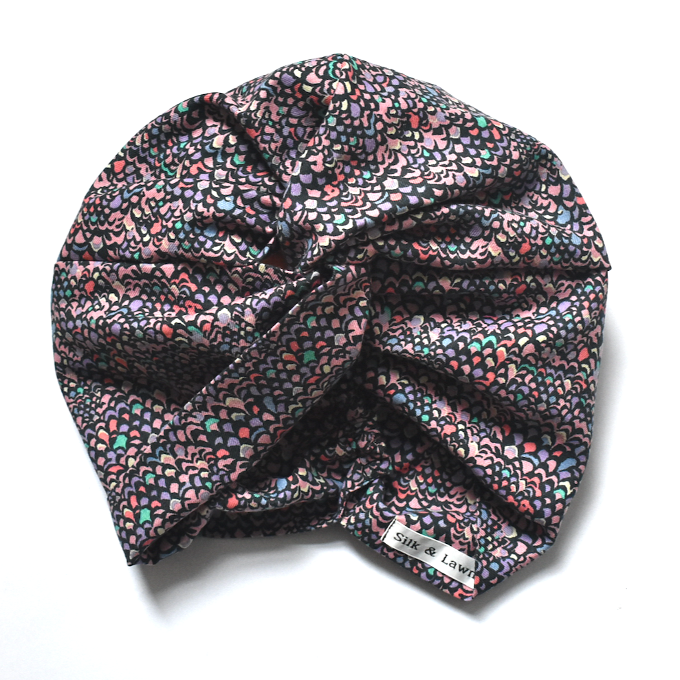 Little Susan Turban Hat in purple Adriatic Liberty print in Lantana (cotton & wool blend)