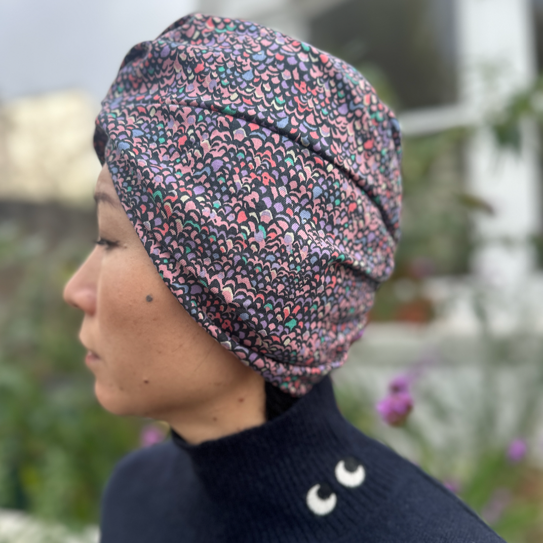 Little Susan Turban Hat in purple Adriatic Liberty print in Lantana (cotton & wool blend)