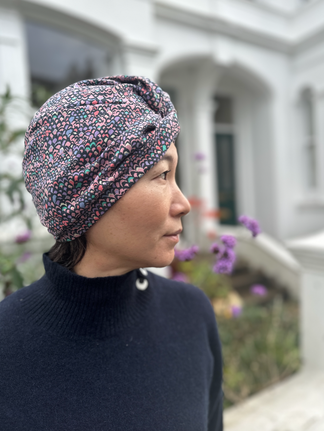 Little Susan Turban Hat in purple Adriatic Liberty print in Lantana (cotton & wool blend)