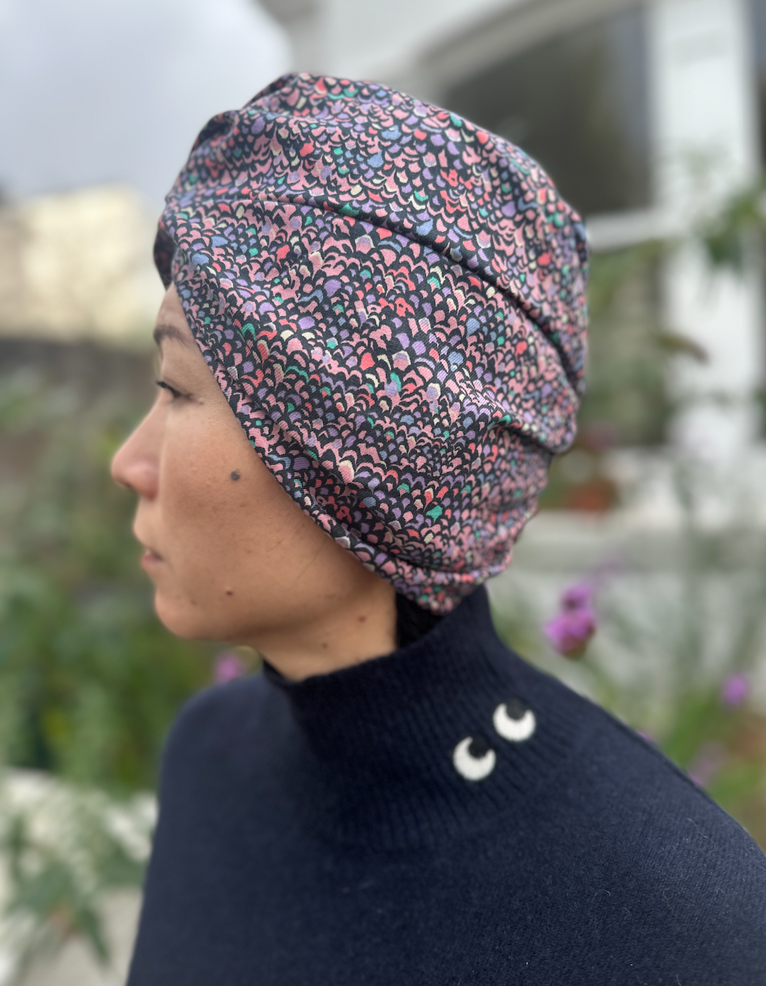Little Susan Turban Hat in purple Adriatic Liberty print in Lantana (cotton & wool blend)