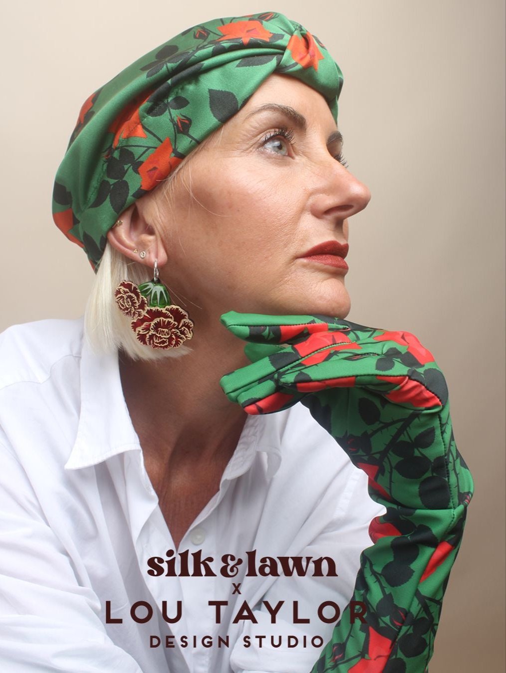 Silk Turban & Head wrap - Lou Taylor Botanical green and red roses silk twill