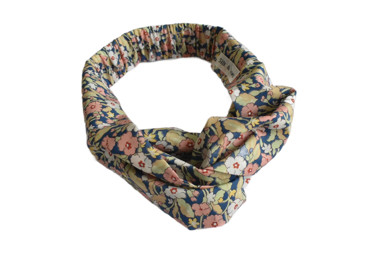 Ladies Twisted Turban Headband - Primrose Path in blue & pink - classic floral print - Silk & Lawn